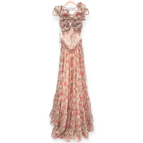 Mac Duggal NEW Ruffle Tiered Cut-Out Lace-up Chiffon‎ Floral Gown $598 - Size 4 - Picture 12 of 16